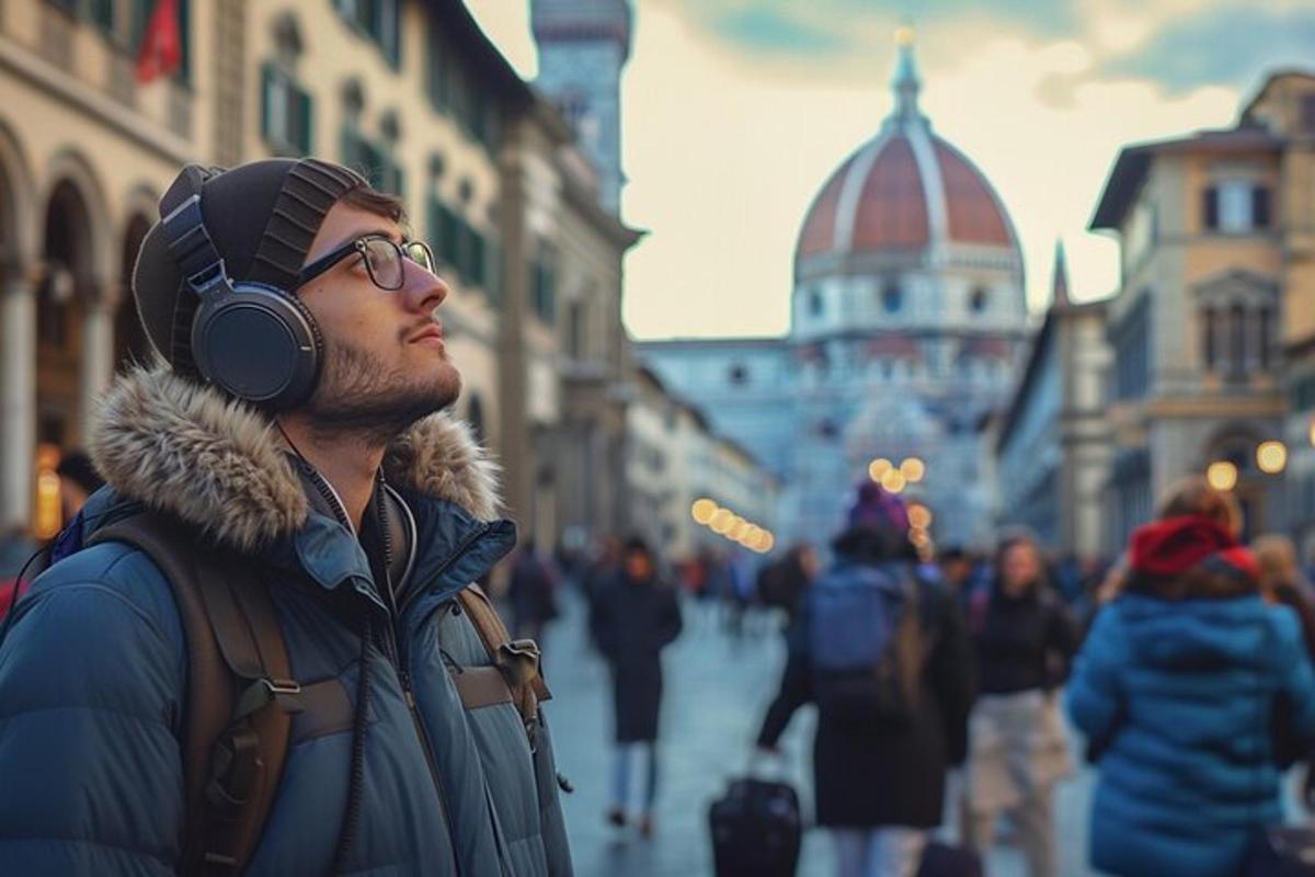 un bărbat cu căști pe o stradă a orașului