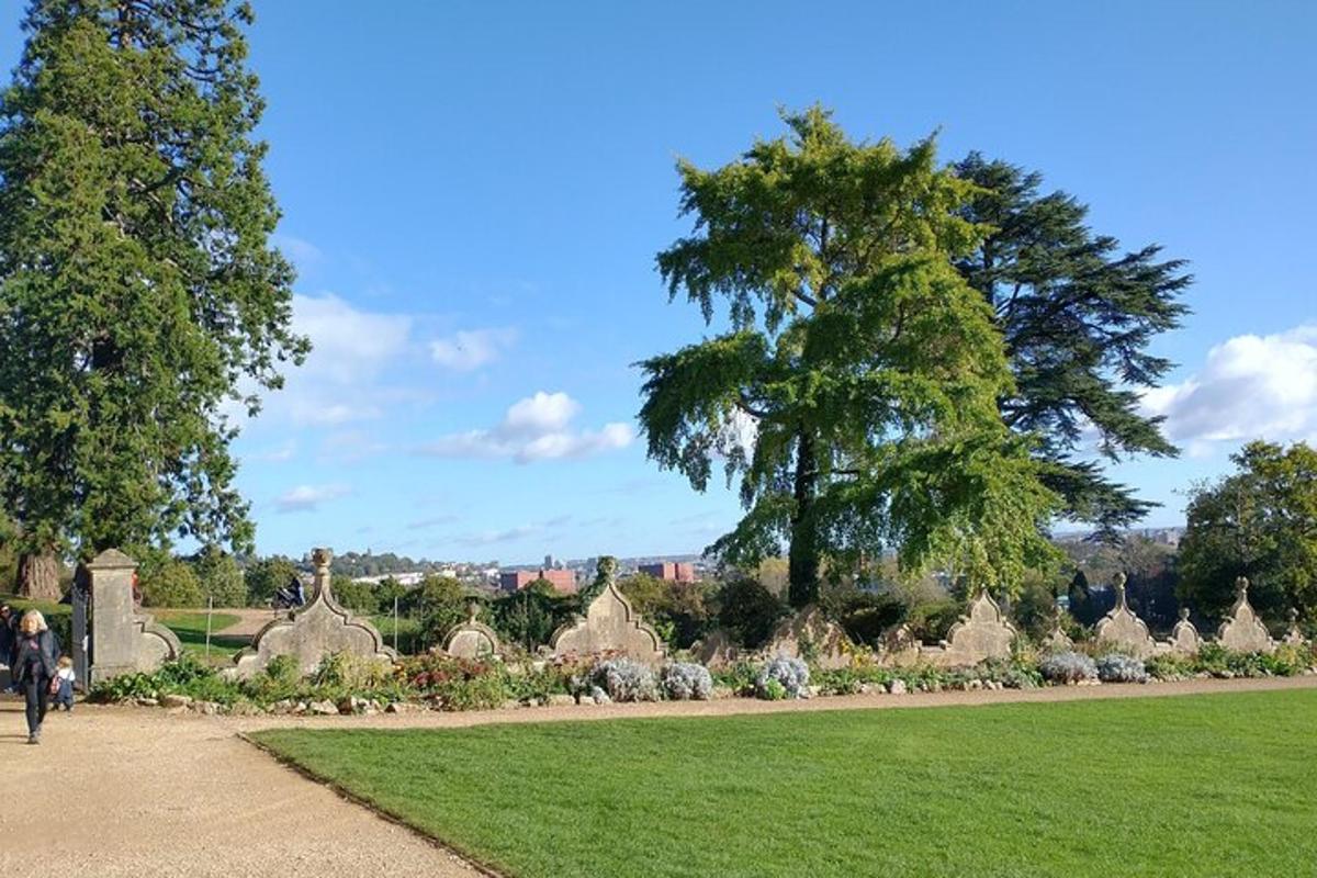 ein Park mit einem Friedhof und einem Baum und Gras