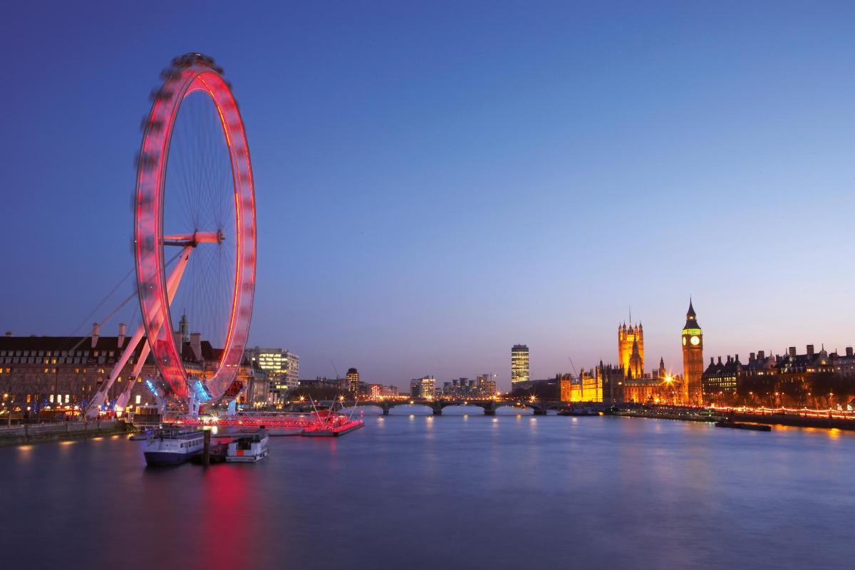 a large ferris wheel in a city at night
