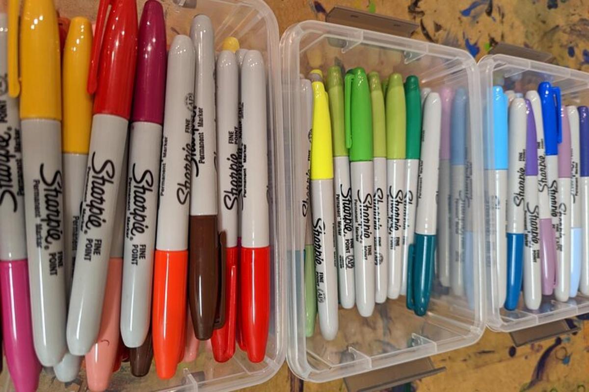 a group ofcolored pens and pencils in plastic containers