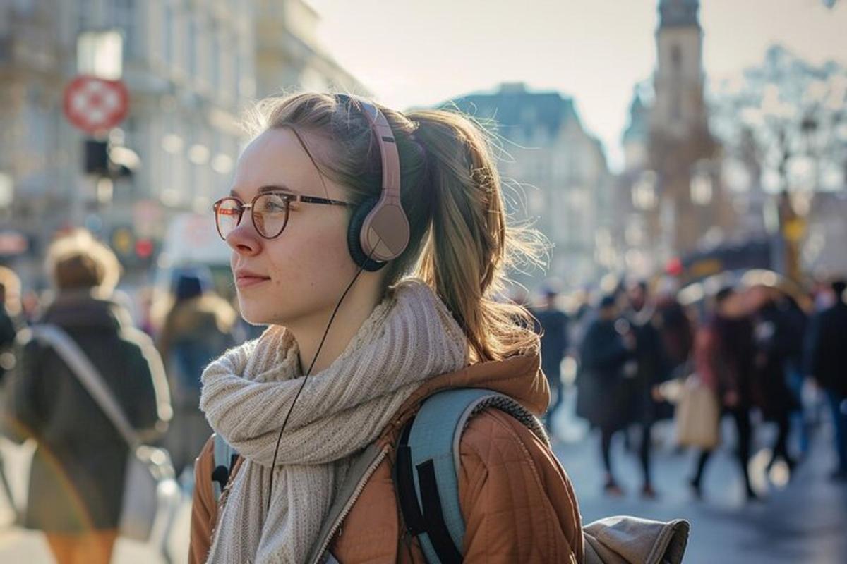 una donna con le cuffie in una strada trafficata della città