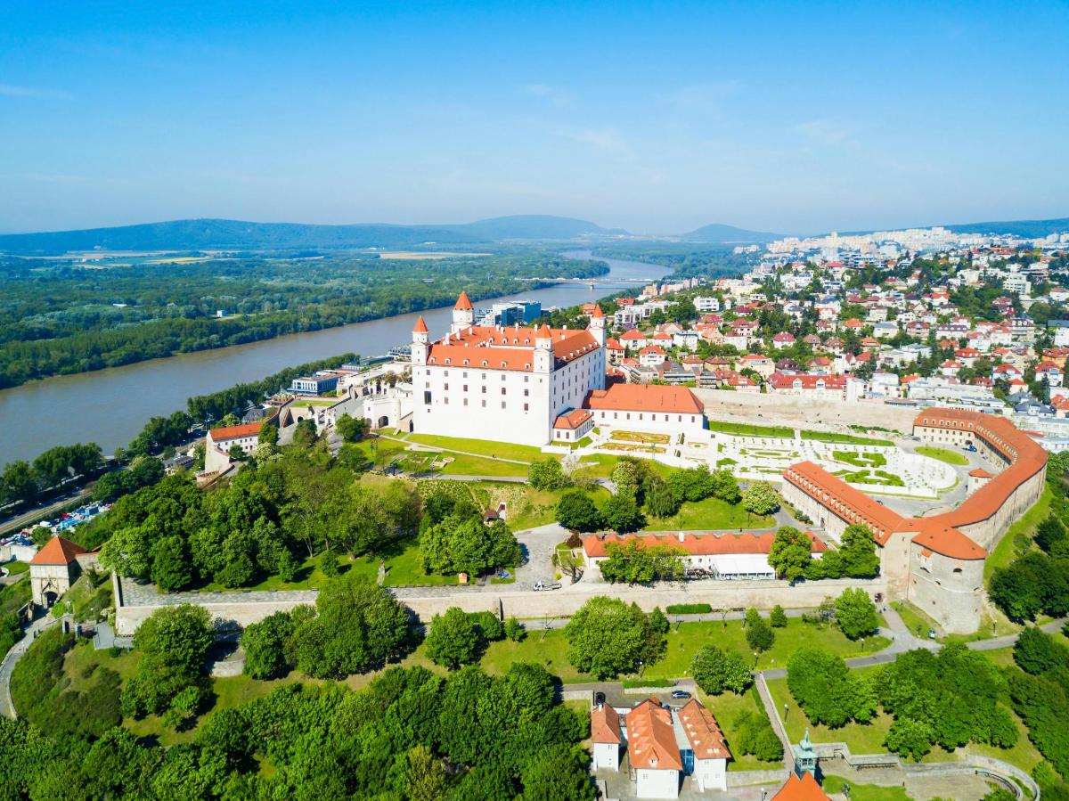 una vista aerea di un castello con una città e un fiume