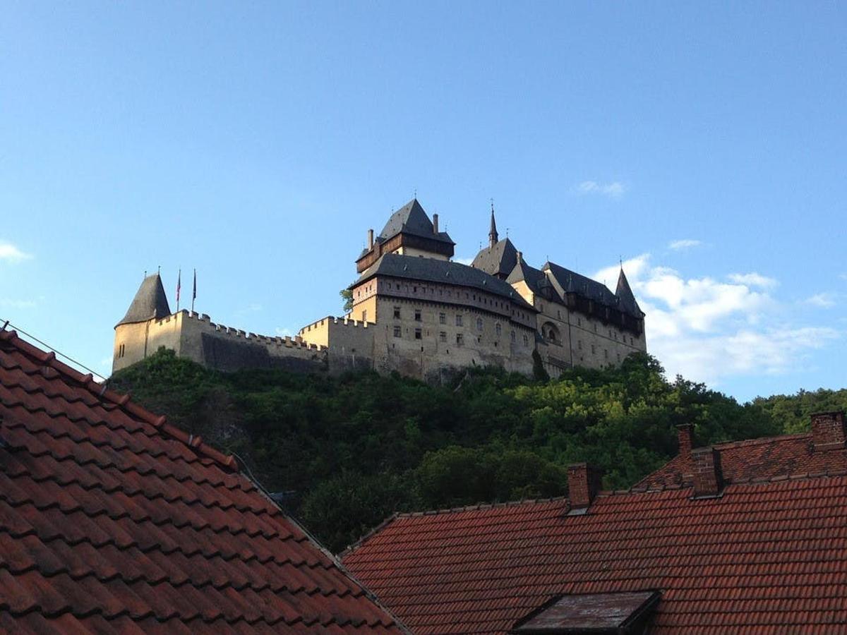 velký hrad na vrcholu kopce se střechami