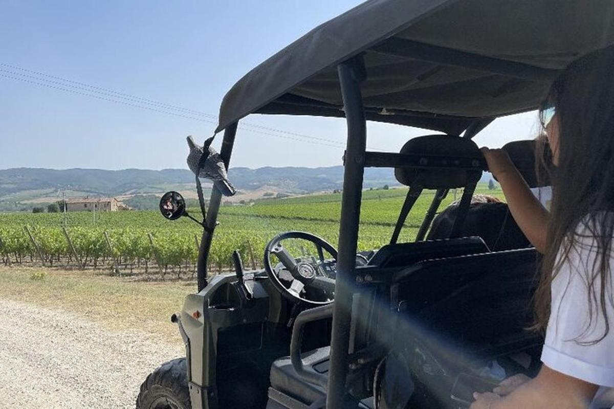 a girl looking at a bird in the back of a tractor