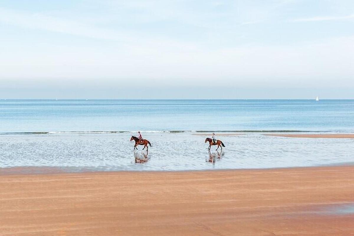 Dos personas montando a caballo en el agua en la playa.