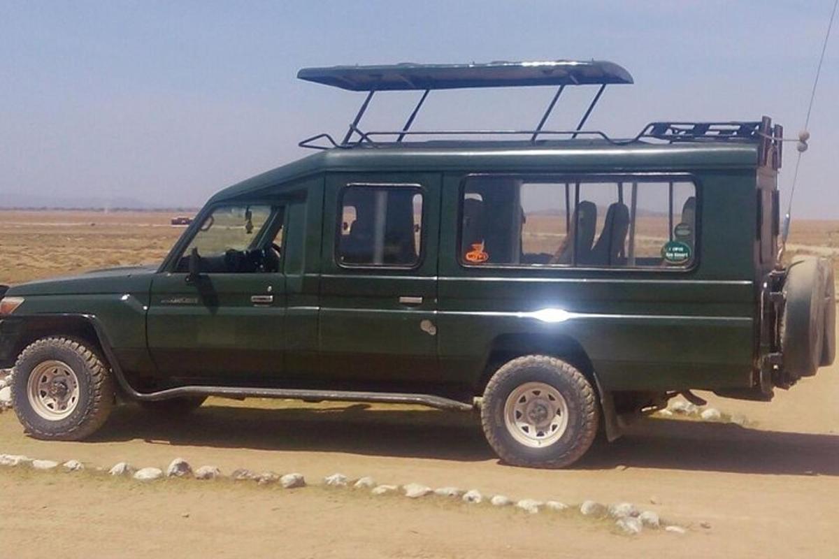 một chiếc xe jeep màu xanh lá cây đang lái trên sa mạc