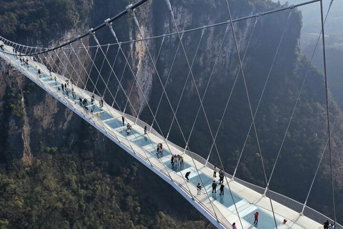 un gruppo di persone che attraversa un ponte sospeso sopra una montagna