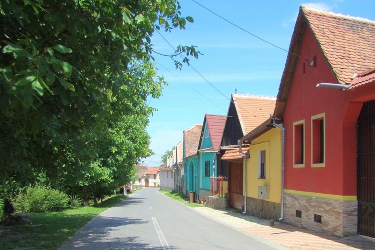 uma rua em uma vila com casas coloridas