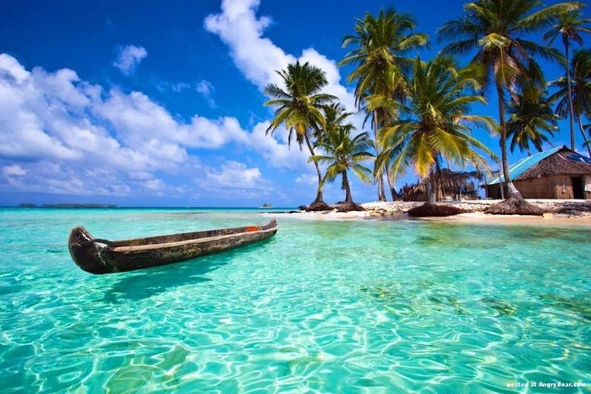ein Boot im Wasser in der Nähe eines Strandes mit Palmen