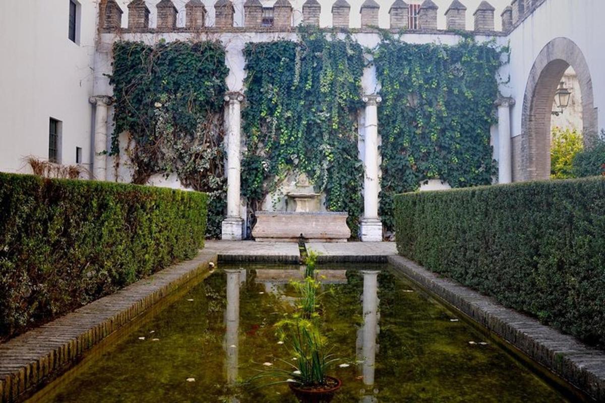 a garden with a fountain in the middle of a building