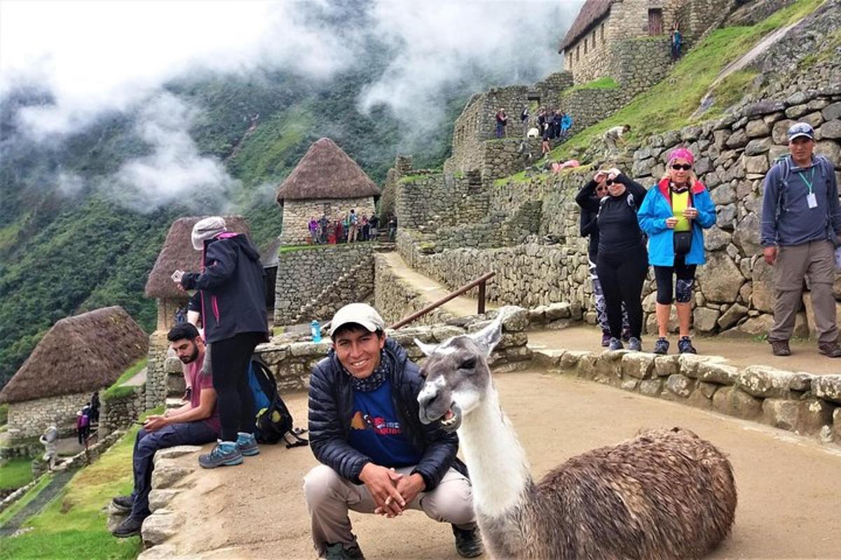 un uomo sta accarezzando un lama presso le rovine inca