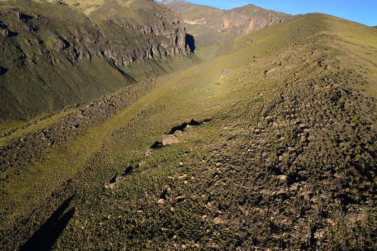 eine Luftaufnahme eines Berges mit Felsen und Gras