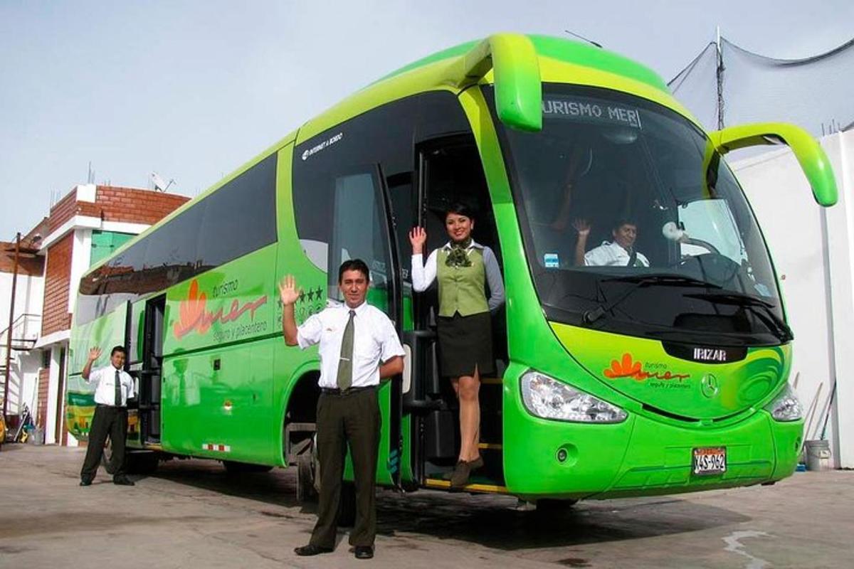 dva muži stojící před zeleným autobusem