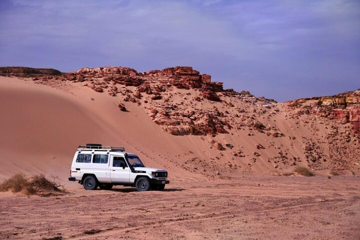 Un camión blanco estacionado en una duna de arena en el desierto