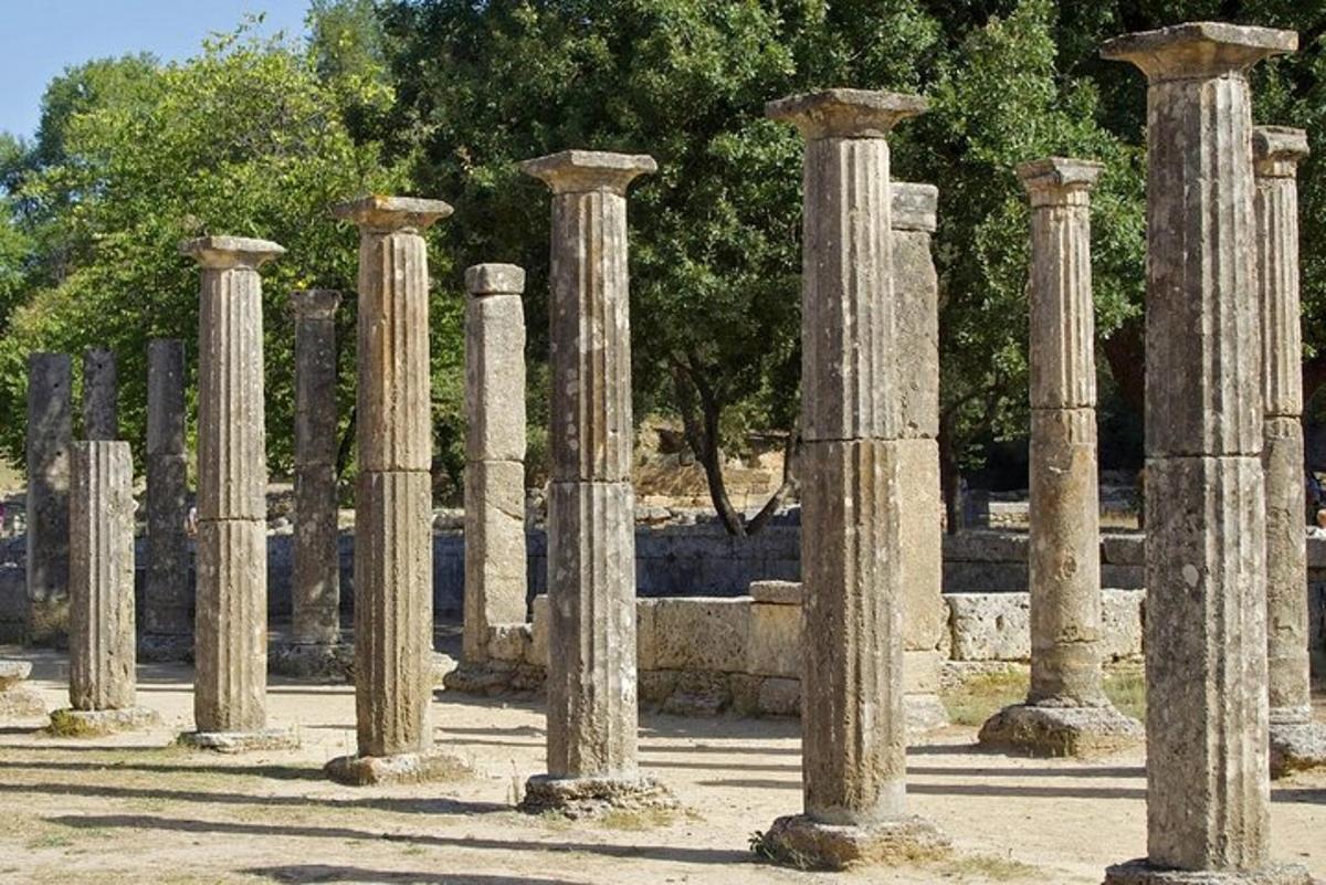 μια σειρά από κολώνες σε ένα κτίριο με δέντρα στο φόντο