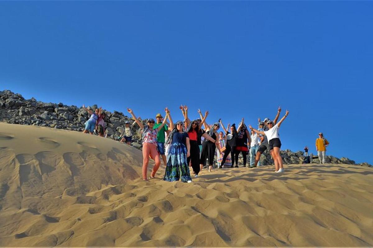 a group of people standing on top of a sand dune
