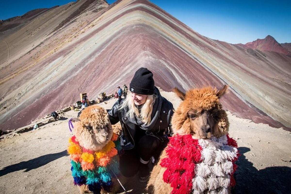 een man met twee knuffeldieren voor een berg