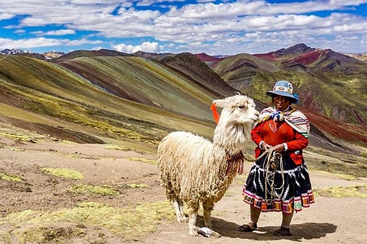 isang lalaking nakatayo sa tabi ng isang llama sa isang bundok