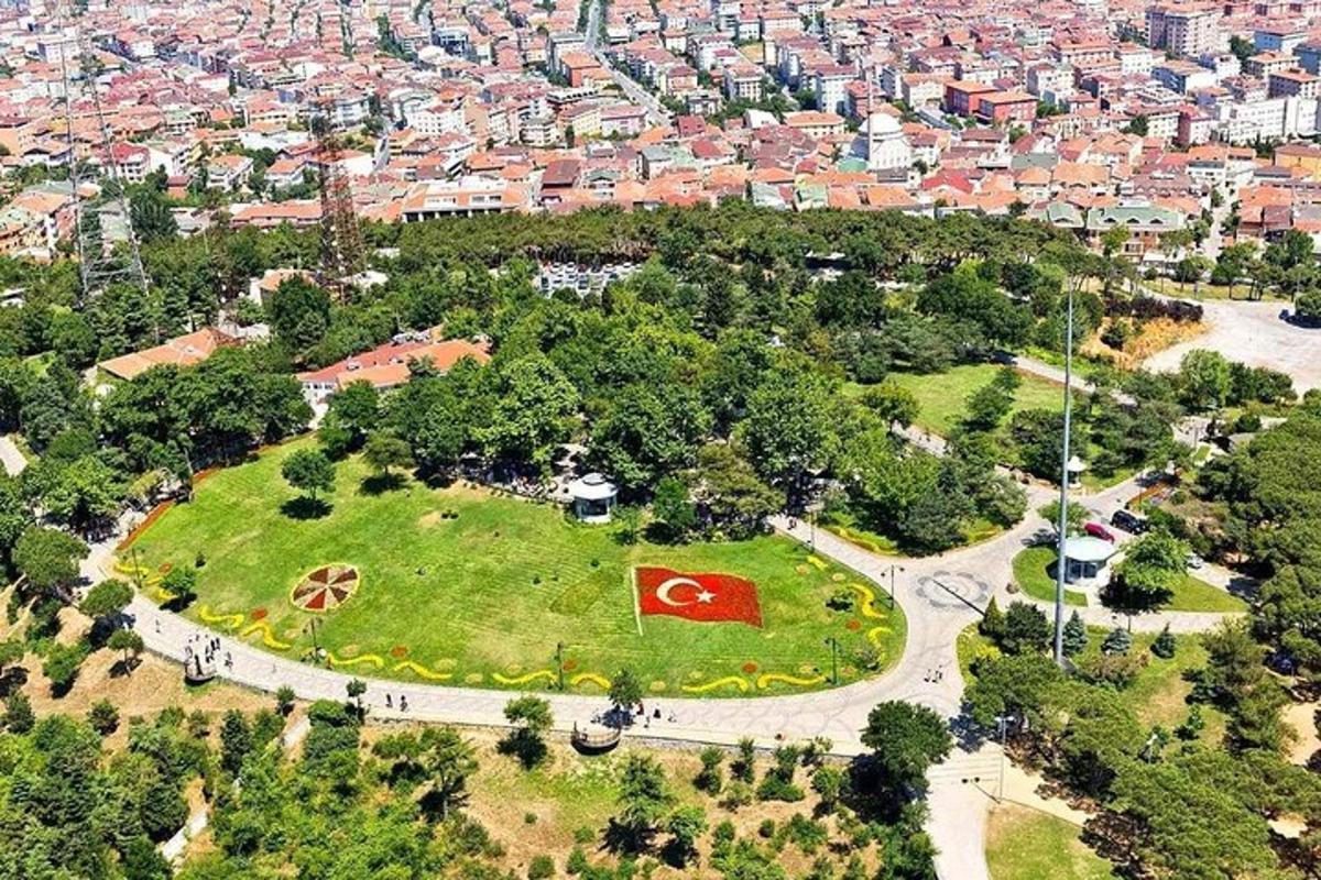 vista aèria d'un parc amb una bandera vermella