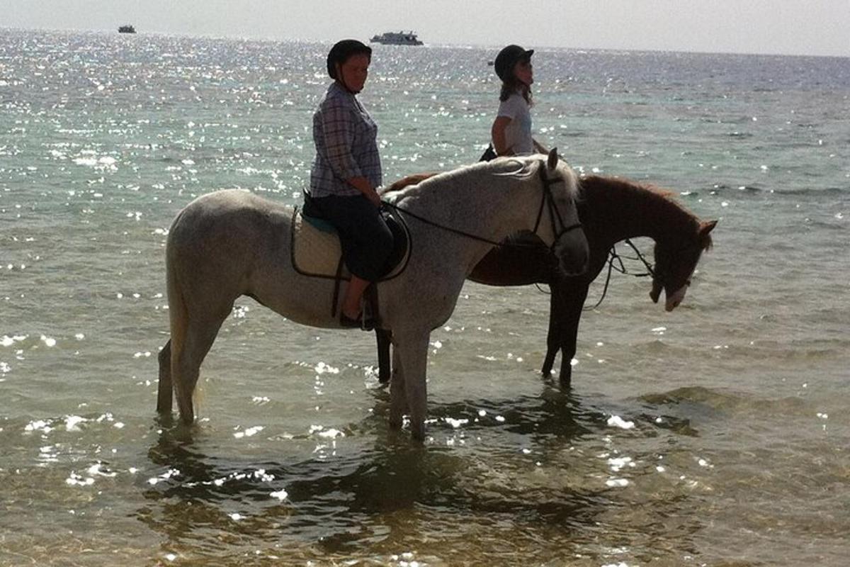 un uomo e una donna a cavallo nell'acqua