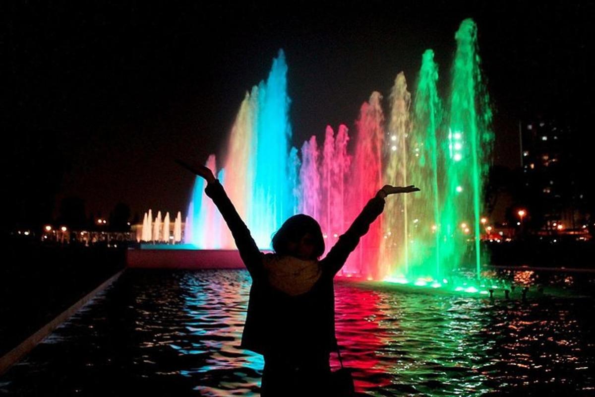 Una mujer parada frente a una fuente por la noche.