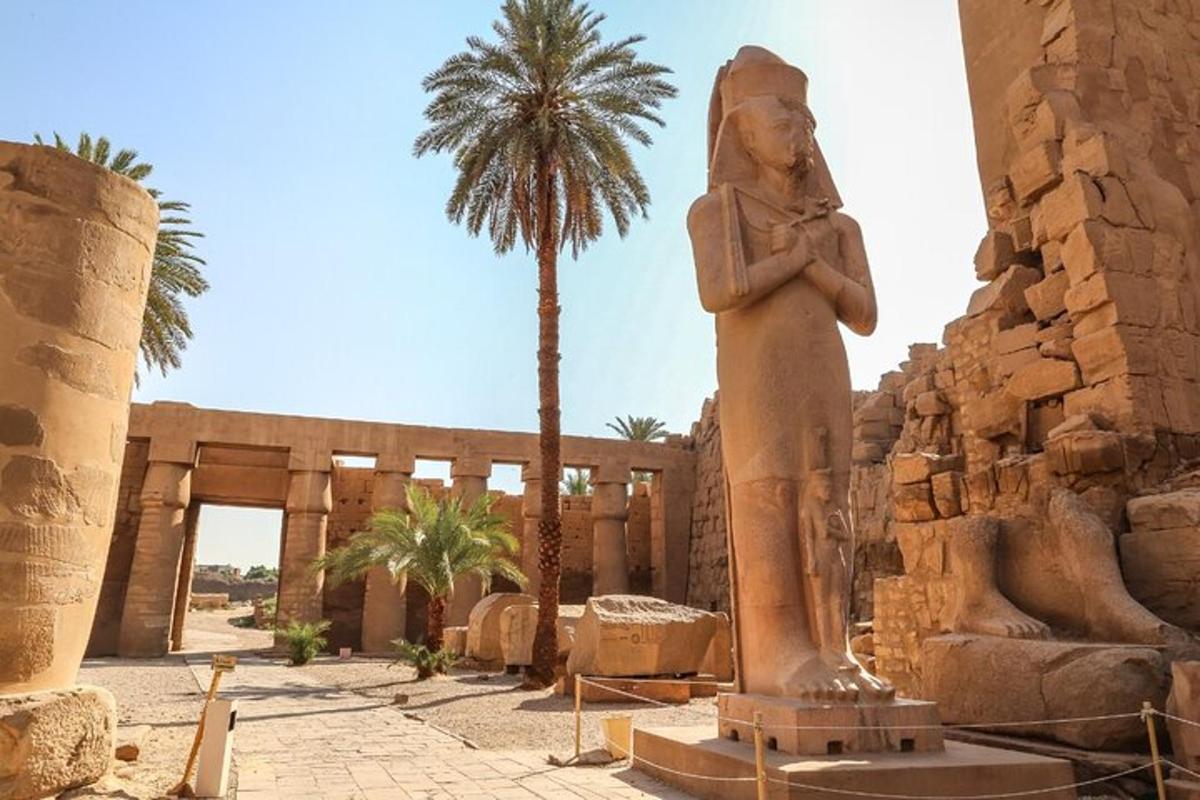 una statua davanti a un edificio con una palma