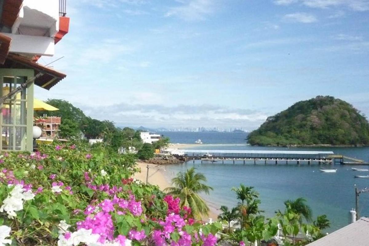 pemandangan pantai dengan bunga merah muda