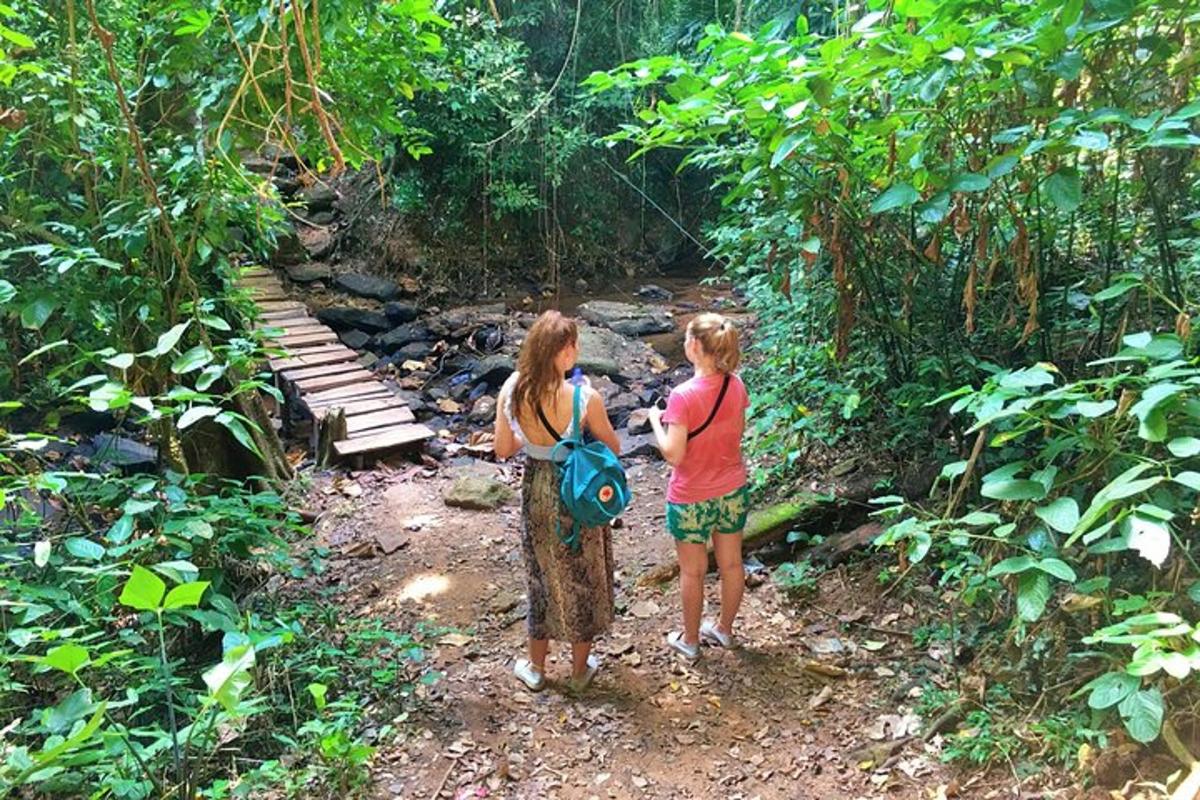 dua wanita berdiri di atas denai di dalam hutan