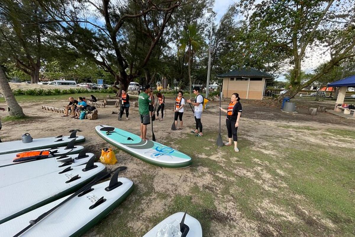 een groep mensen die rond een groep surfplanken staan