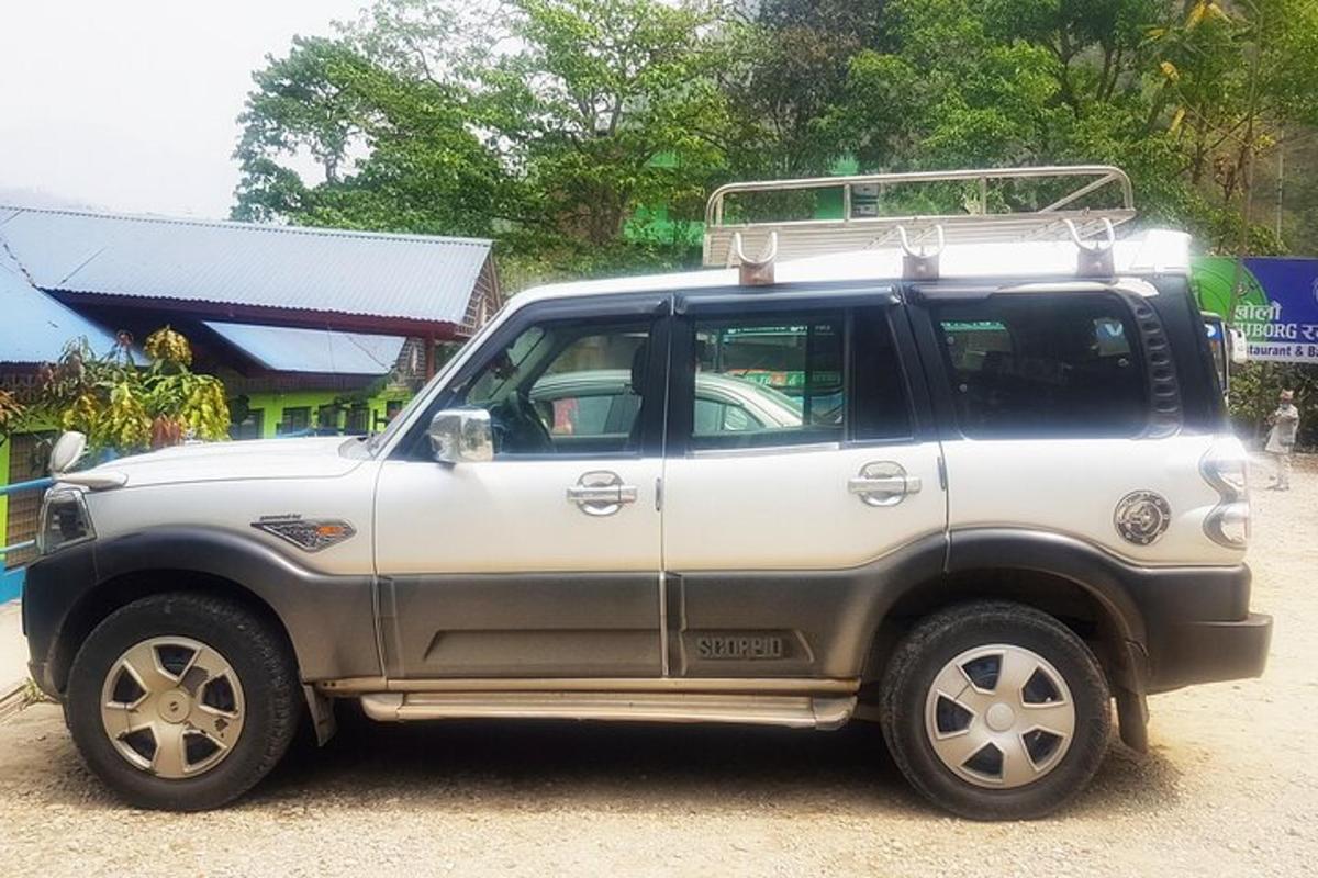 a gray and white jeep with a ladder on the top