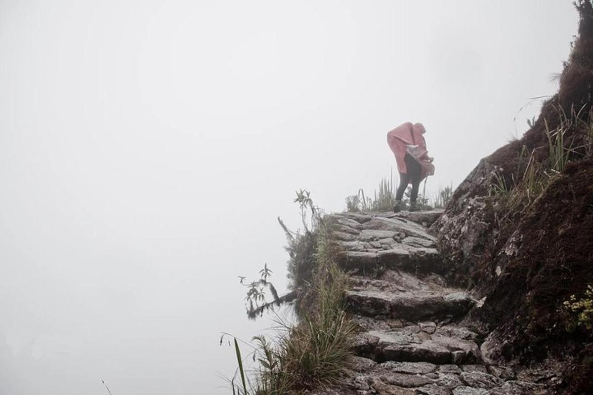 una persona parada en un camino rocoso en una montaña