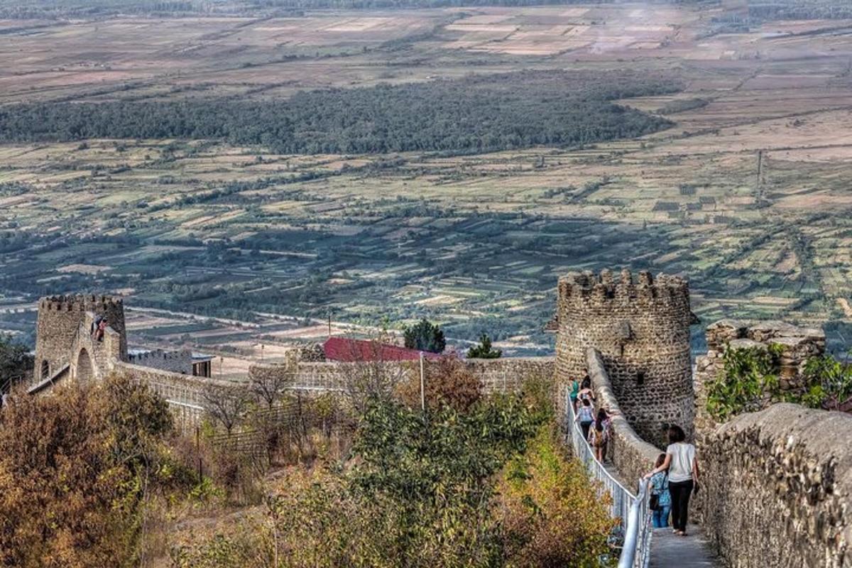 un gruppo di persone in piedi in cima a un castello