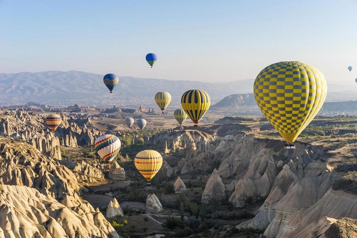 a group of hot air balloons flying over the desert