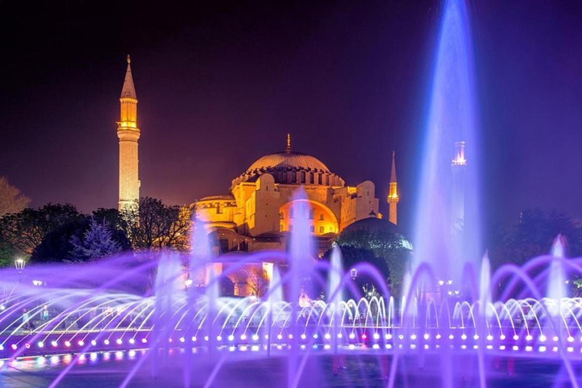 a mosque with a fountain in front of it at night
