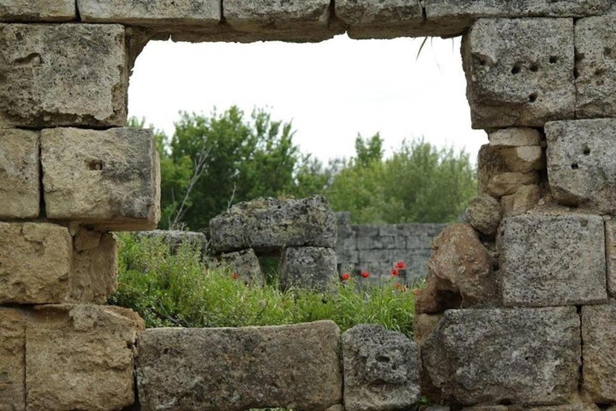 una finestra in un muro di pietra con fiori sullo sfondo