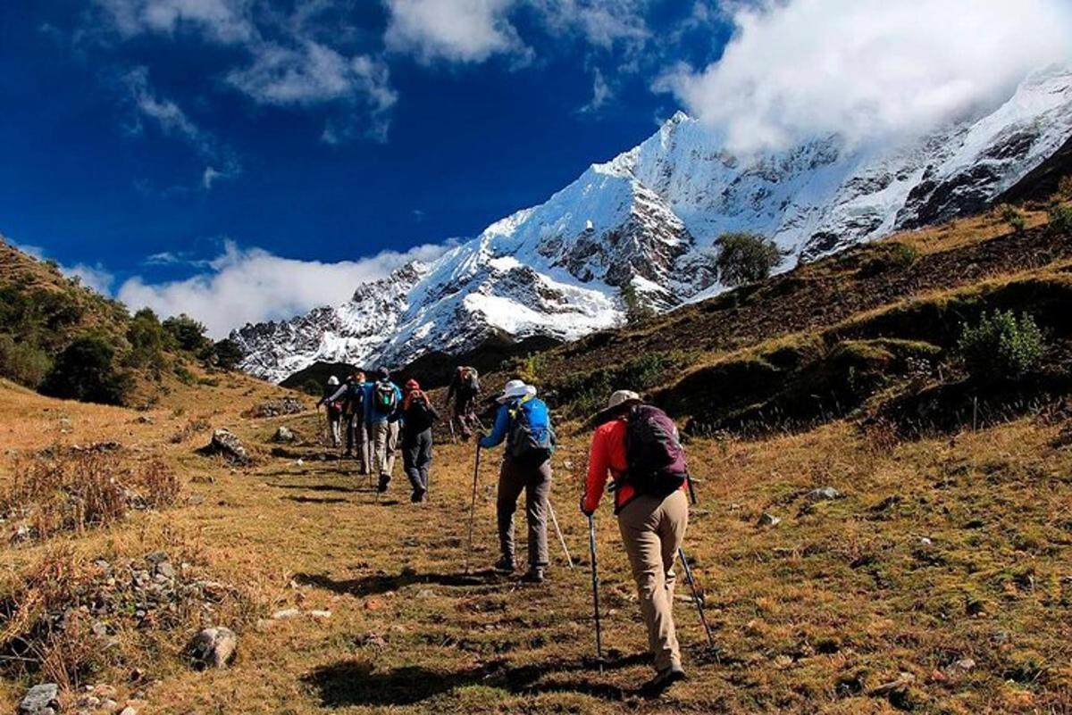a group of people walking on a mountain trail
