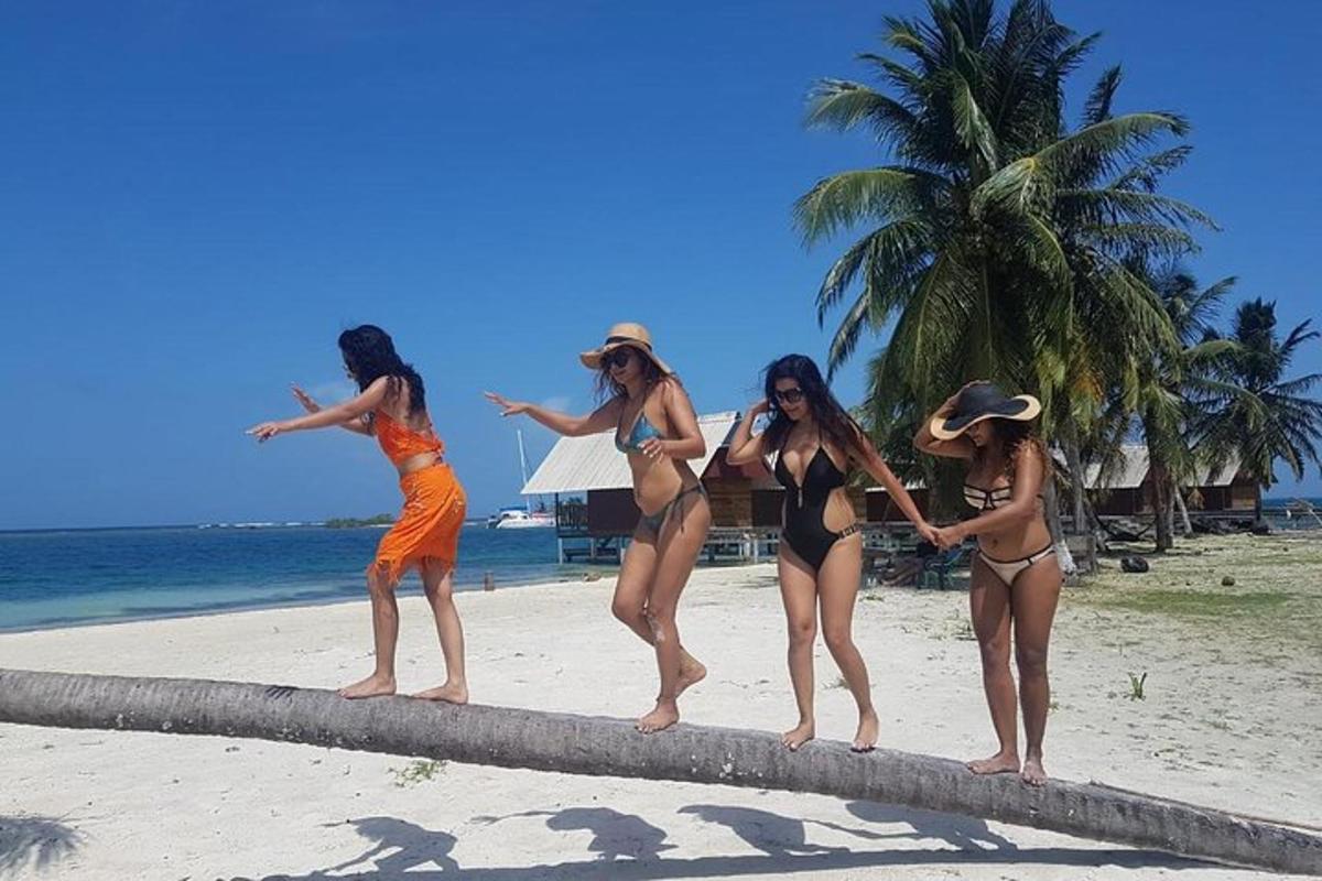 Cuatro mujeres en traje de baño de pie sobre un tronco en la playa