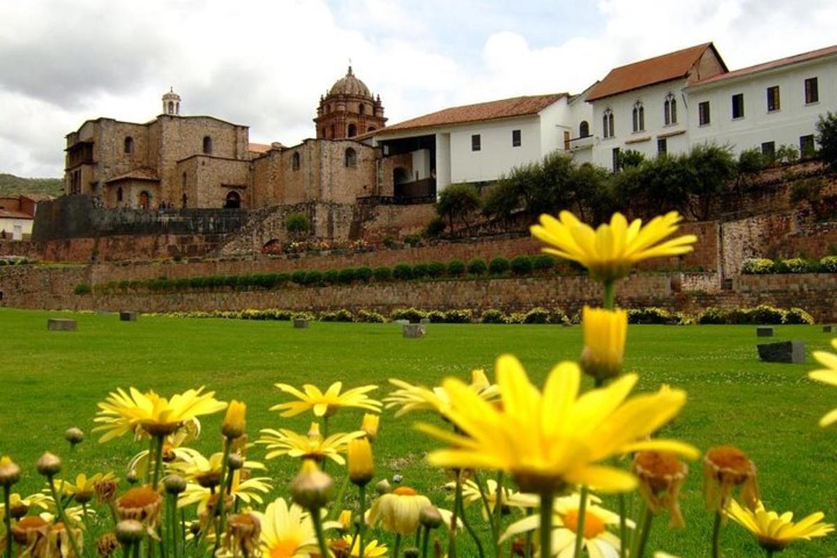 a field of yellow flowers in front of a castle
