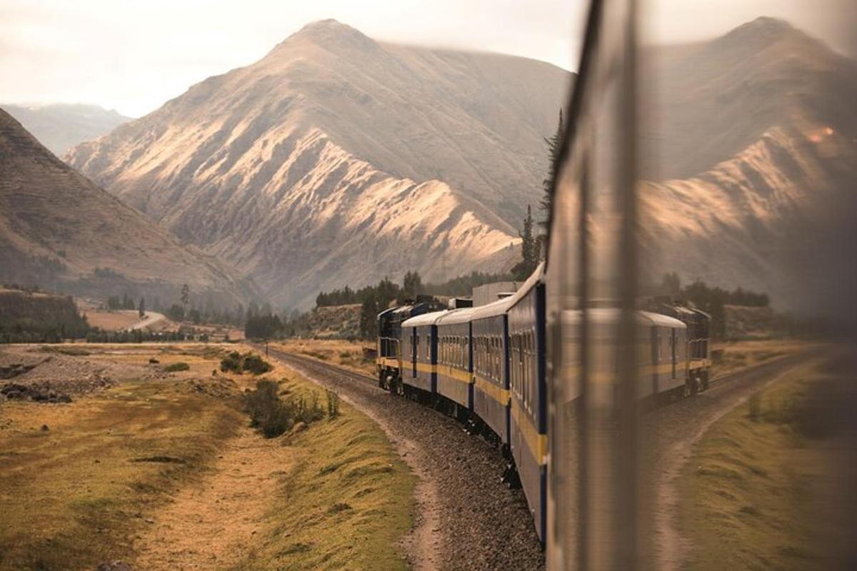 Un tren que viaja por una carretera con montañas al fondo.