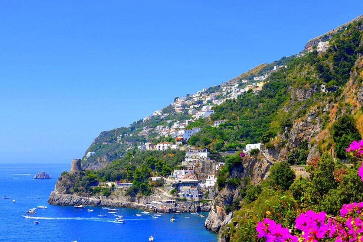 a view of a village on a hill with pink flowers