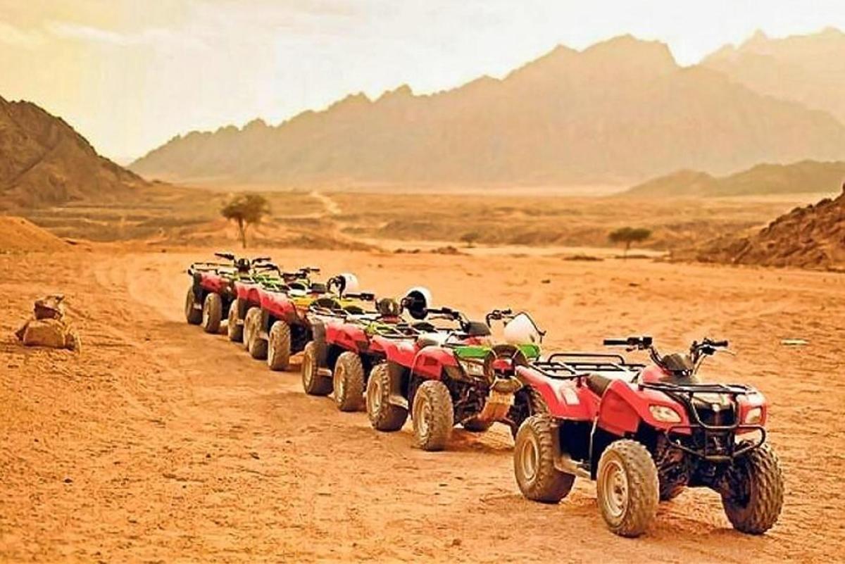 un rând de ATV-uri parcate în deșert
