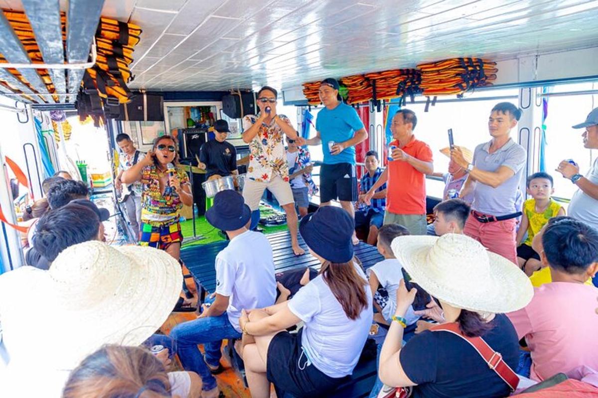 a group of people on a bus with a group of people