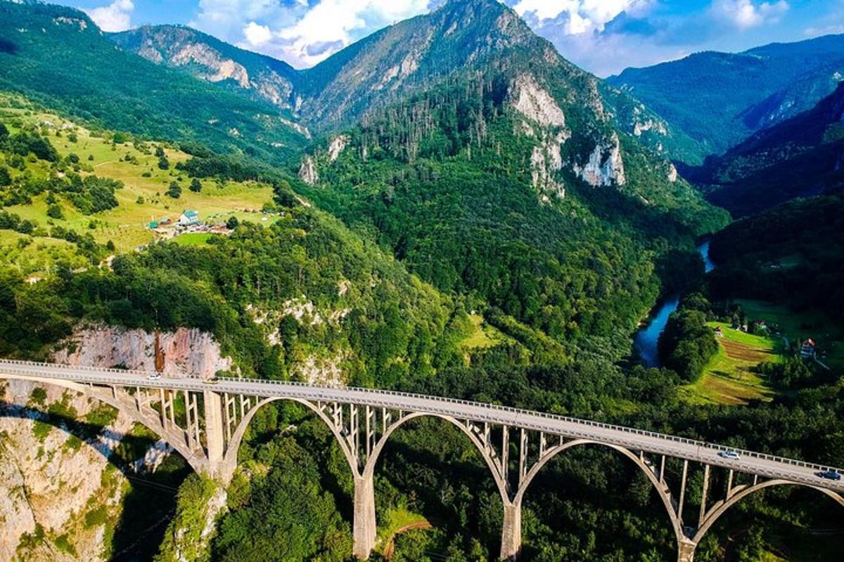 uma ponte nas montanhas com um trem nela