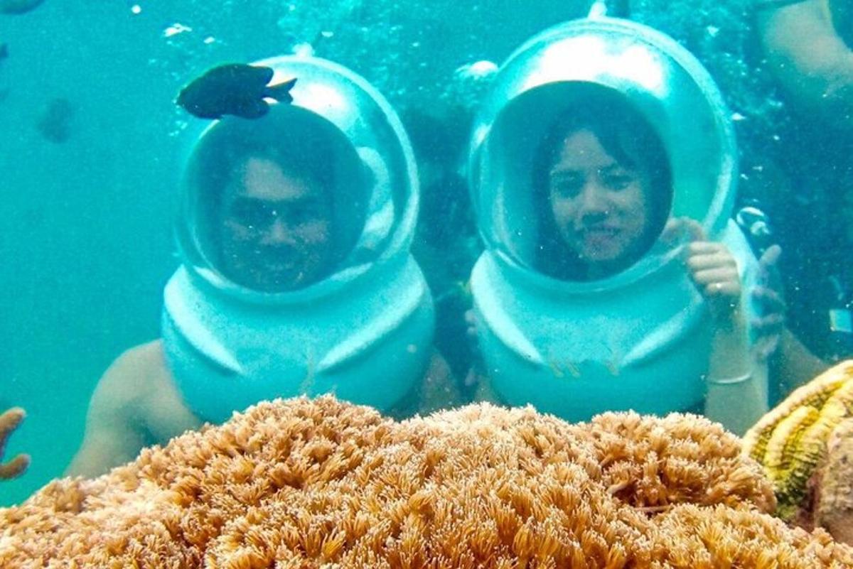 duas pessoas na água com equipamento de mergulho