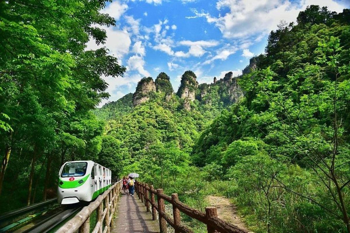 um trem verde e branco em uma ponte em uma montanha
