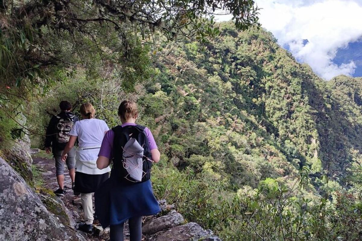 un paio di persone che camminano lungo un sentiero di montagna