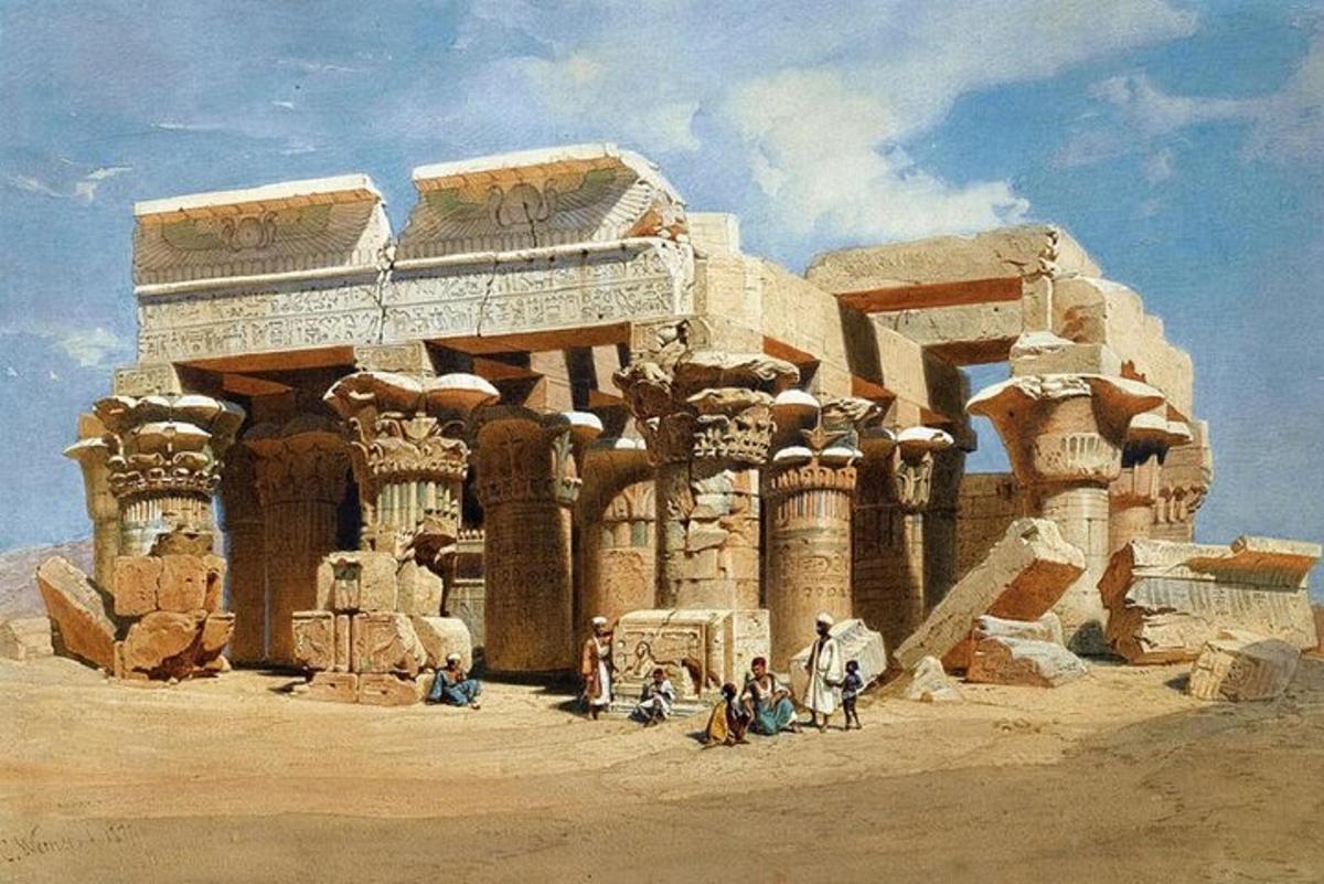 một bức tranh về một tòa nhà có người ở phía trước