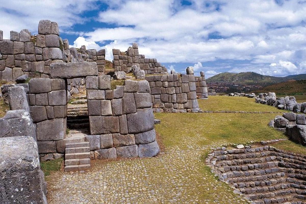Un grupo de edificios de piedra en un campo con montañas.