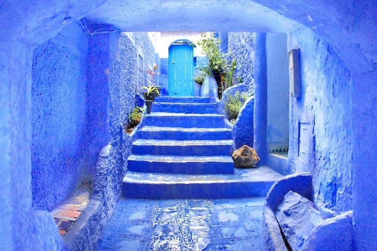 a hallway with blue stairs leading to a blue door