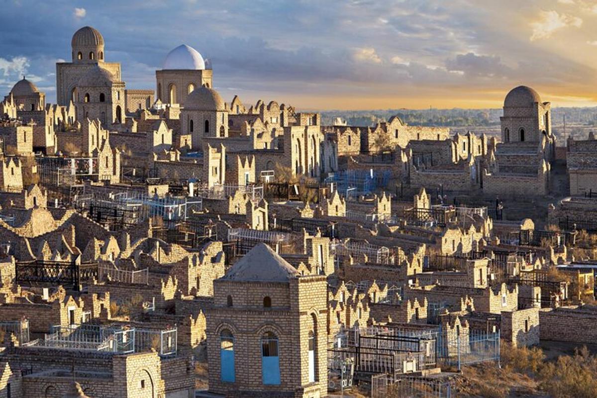 a view of a city with mosques and buildings